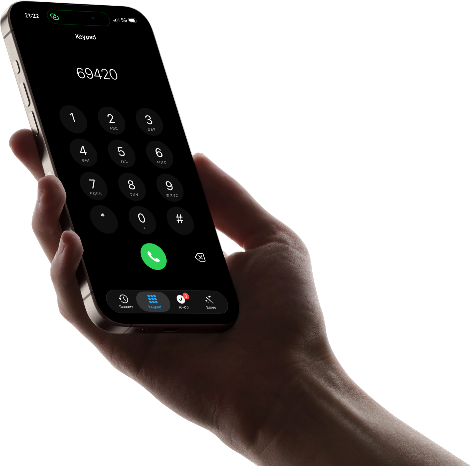Telefonsvarare.com öppen på knappsatsen, med flikarna Recents, Keypad, To-Do och Setup