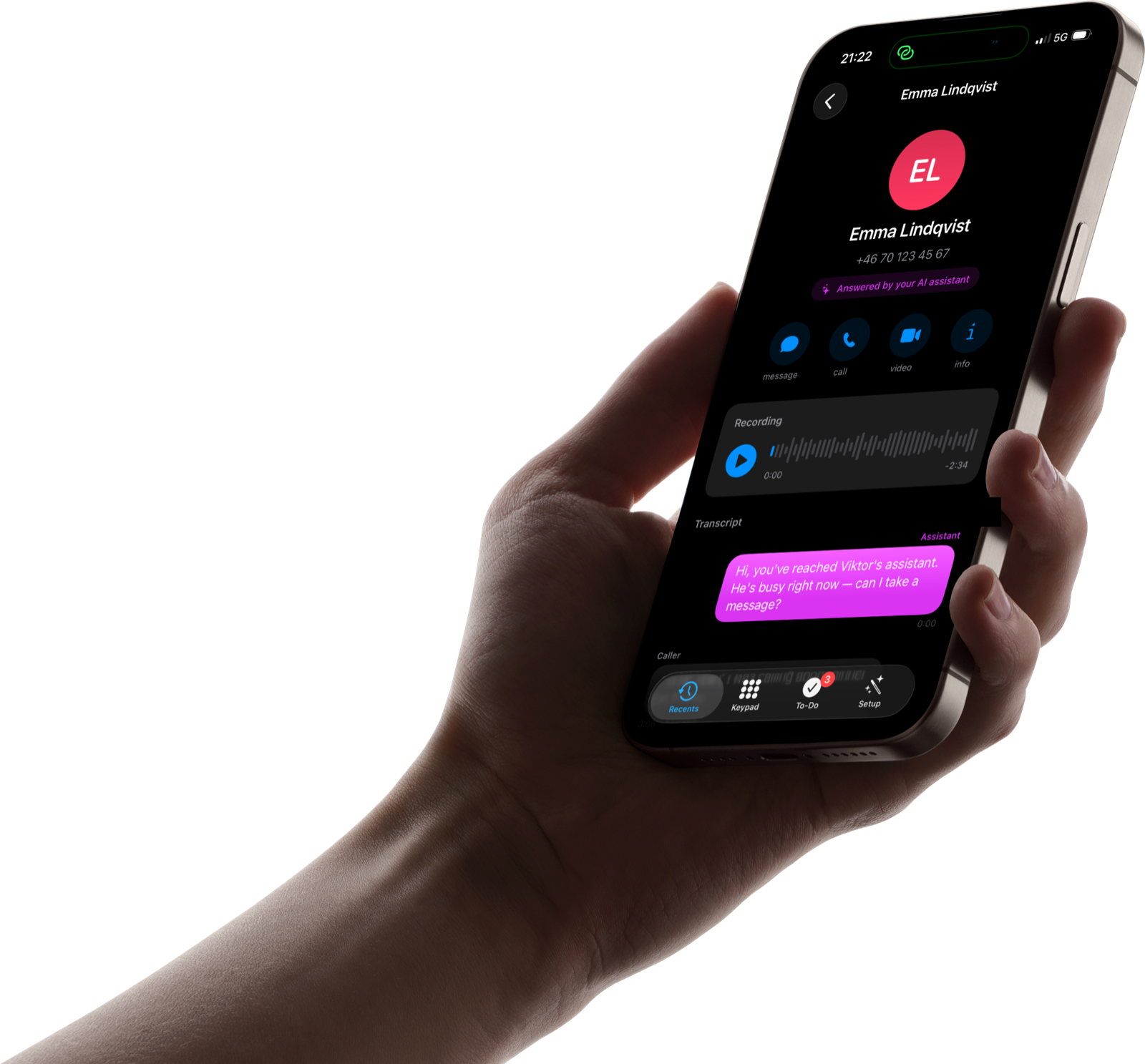 Samtalsvy med inspelning, live-transkribering och AI-assistent som svarar